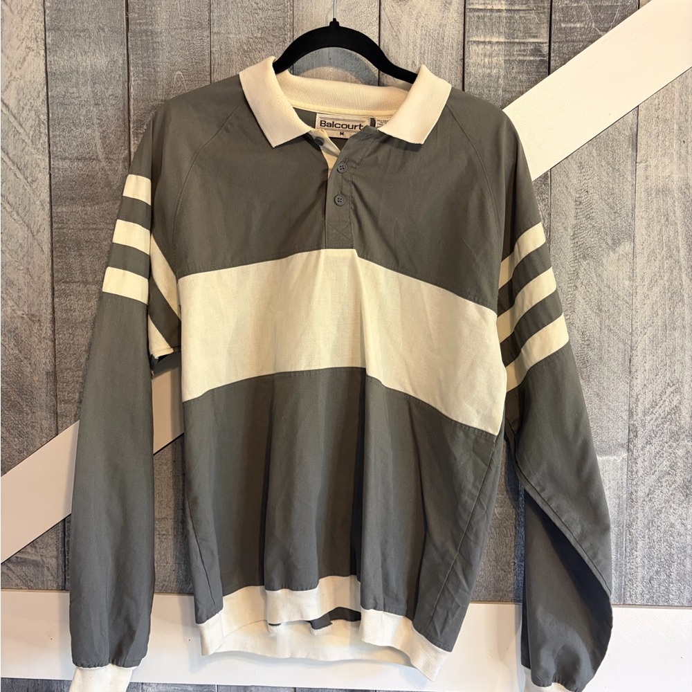 Vintage 80’s Balcourt Gray and White Banded Men's Polo Rugby Shirt Size Medium